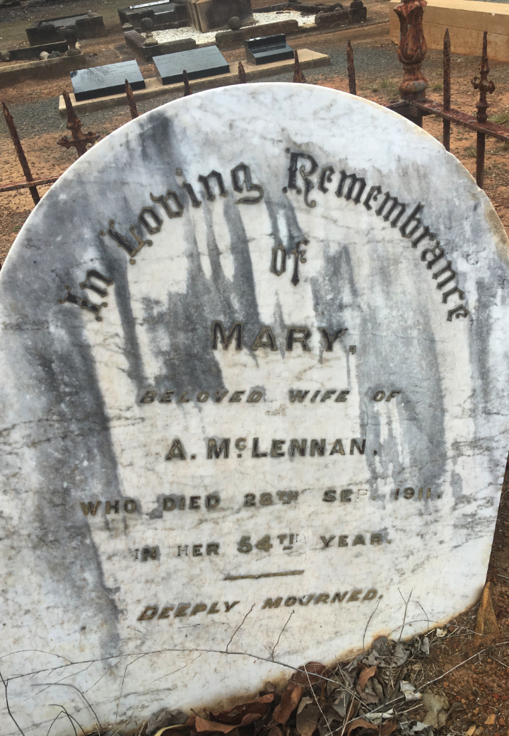Photo of headstones/Mary McLennan nee Pryce d1911 hdstn Maryborough cem Qld